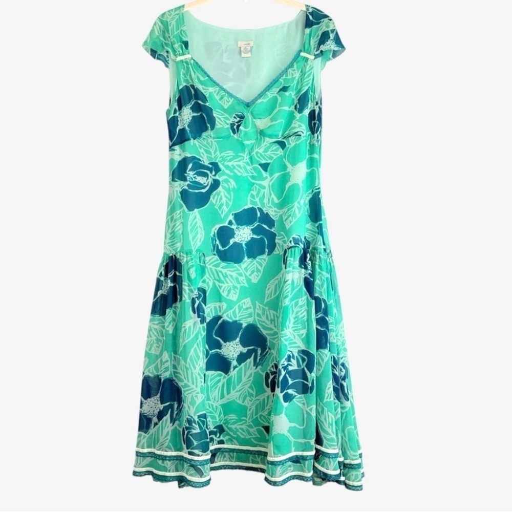 Odille 100% Silk Drop Waist Dress 6 Teal Floral Velvet Lace 90s Y2K Whimsigoth